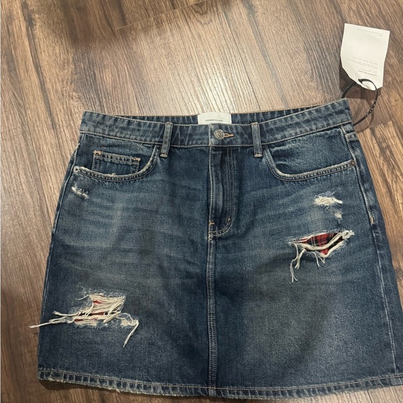 NWT Current Elliot Distressed Denim Mini w Plaid Lining sz 32 - Picture 1 of 7